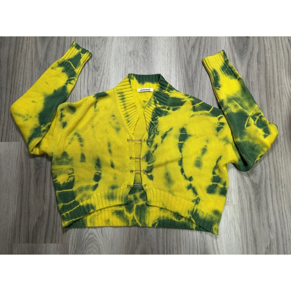 Colorful Natalie Yellow Green Tie Dye Safety Pin Cropped Cardigan women's Large